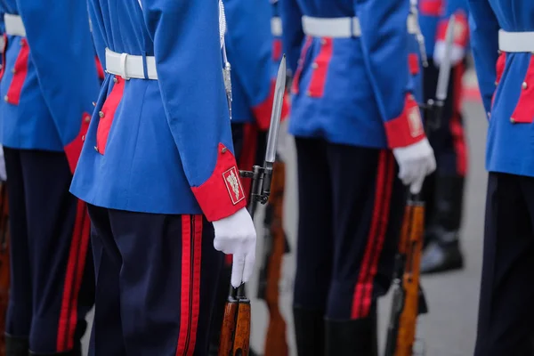 Parade soldiers wait with their guns on the ground for an event to start