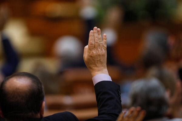 Члены парламента Румынии голосуют, поднимая руки
