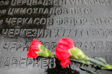 Bucharest, Romania - February 21, 2020: Engravings and flowers on a grave in the Red Army Cemetery in Bucharest during a cold and rainy winter day.