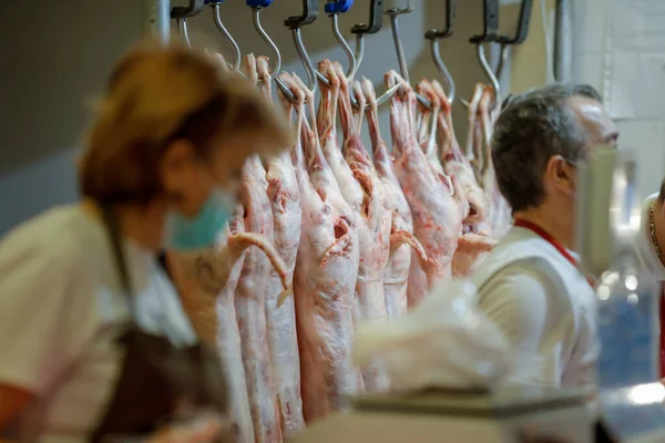 Bucharest Romania April 2020 Lamb Carcass Hang Iron Hooks Sale — Stock Photo, Image