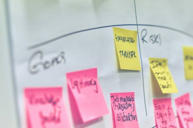 Bir flip grafiğe eklenir pembe ve sarı kağıt etiketleri üzerinde yazılı bilgi transferi