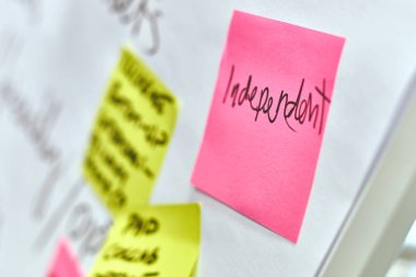 Bir flip grafiğe eklenir pembe ve sarı kağıt etiketleri üzerinde yazılı Word bağımsız