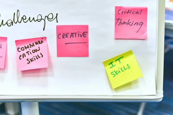 Pink and yellow paper stickers attached to a flip chart — Stock Photo, Image