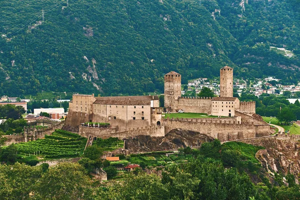 Näkymä kauniiseen kaupunkiin Bellinzona Sveitsissä Castelgrande linna Montebello — kuvapankkivalokuva