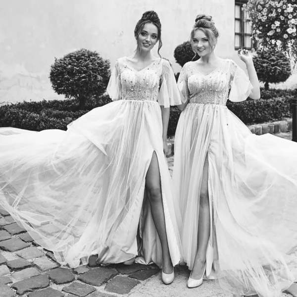 Beautiful bride and bridesmaids in gorgeous elegant stylish light grey silver floor length dresses in old beautiful European city on a wedding day. Black and white.