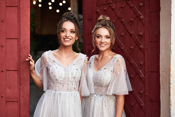 Hermosas damas de honor estilo retro en magnífico elegante elegante gris claro vestidos de longitud piso de plata en la vieja ciudad europea hermosa bienvenida a los huéspedes en la puerta . — Foto de Stock