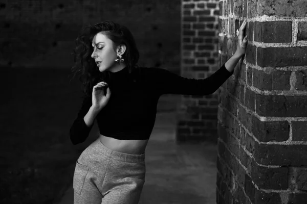 Retrato de una hermosa chica pelirroja sensual posando en la luz del sol puesta del sol usando pantalones de jersey de cintura alta de pierna ancha gris claro y camiseta negra de manga larga que proyecta una sombra sobre el fondo de la pared de ladrillo en — Foto de Stock