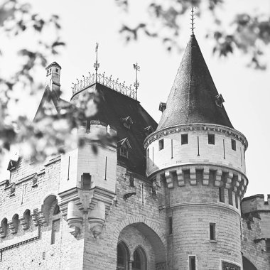 Brüksel 'de bahar. Halle Gate manzarası, ortaçağ güçlendirilmiş şehir kapısı, çiçek açan ağaçların arasından. Siyah ve beyaz.