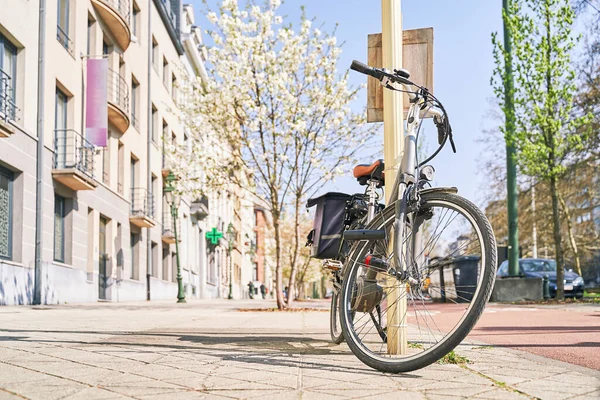 Fahrrad mit Gepäcktasche, das auf der sonnigen Frühlingsstraße mit blühenden Bäumen abgestellt ist. Kopierraum. — Stockfoto