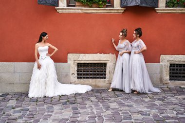 Güzel gelin ve nedimeler zarif, şık, açık gri gri zemin uzunluğunda elbiseleriyle eski güzel Avrupa şehrinde düğün günü eğleniyorlar..
