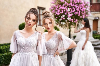 Güzel gelin ve nedimeler zarif, şık, açık gri gri zemin uzunluğunda bir düğün gününde eski güzel Avrupa şehrinde giyinirler..