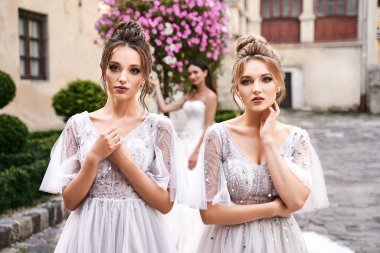 Güzel gelin ve nedimeler zarif, şık, açık gri gri zemin uzunluğunda bir düğün gününde eski güzel Avrupa şehrinde giyinirler..