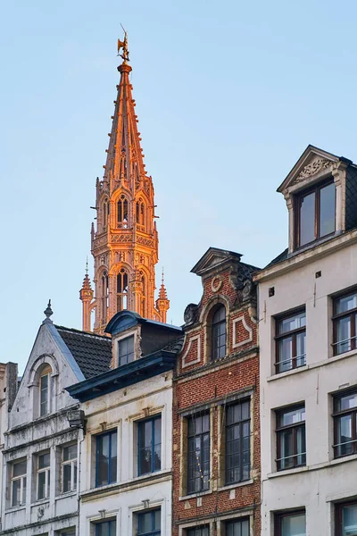 De toren van het Brusselse Gemeentehuis bedekt met avondlicht. — Stockfoto