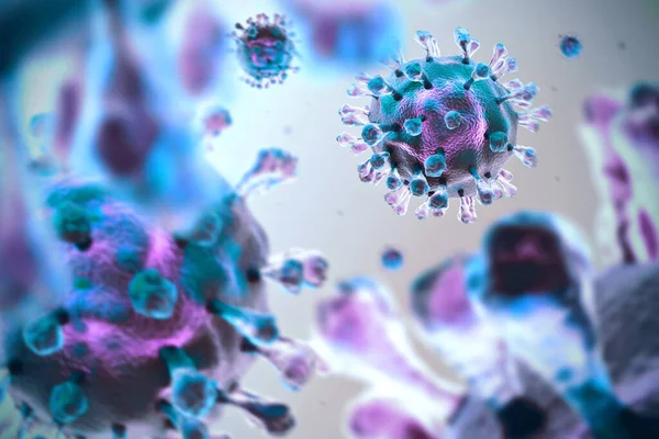 Coronavirus COVID-19 pathogen under microscope. Medical illustration. 3D render.