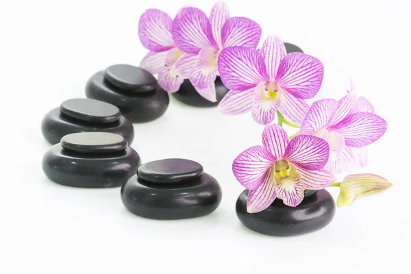 Concepto Spa Con Piedras Calientes Flores Orquídea Cerca — Foto de Stock