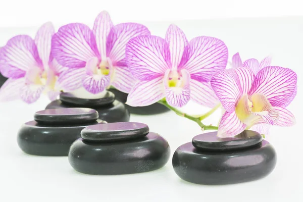 Κοντινό Σπα Έννοια Ζεστές Πέτρες Και Orchid Λουλούδια — Φωτογραφία Αρχείου