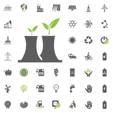 Nükleer güç bitki simgesi. Eko ve alternatif enerji vektör Icon set. Enerji kaynağı elektrik güç kaynağı vektör ayarla.
