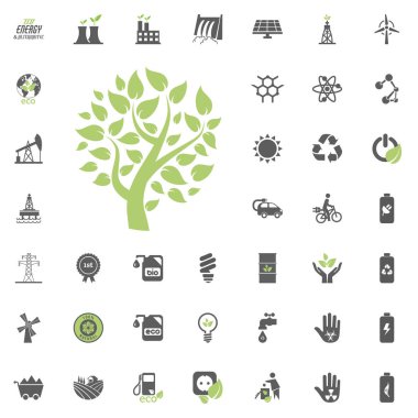 Eko ağaç simgesi. Eko ve alternatif enerji vektör Icon set. Enerji kaynağı elektrik güç kaynağı vektör ayarla.