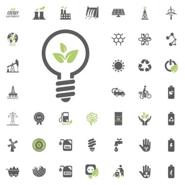 Eko enerji ampul simgesi. Eko ve alternatif enerji vektör Icon set. Enerji kaynağı elektrik güç kaynağı vektör ayarla.