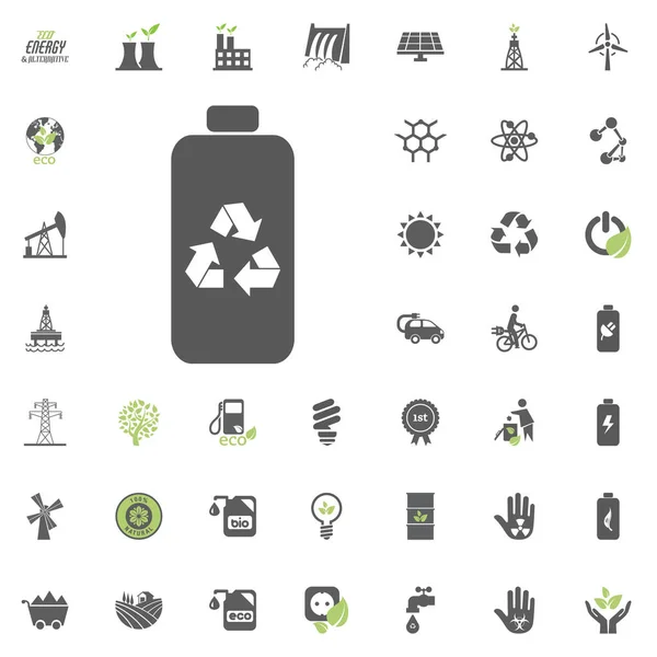 Icono de la batería reciclada. Conjunto de iconos de vectores Eco y Energía Alternativa. Fuente de energía eléctrica conjunto de recursos de energía vector . — Vector de stock