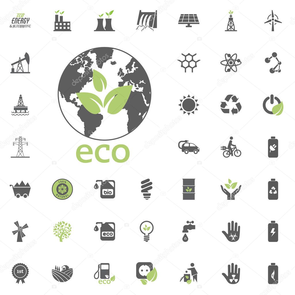 Eco planet icon. Eco and Alternative Energy vector icon set. Energy source electricity power resource set vector.