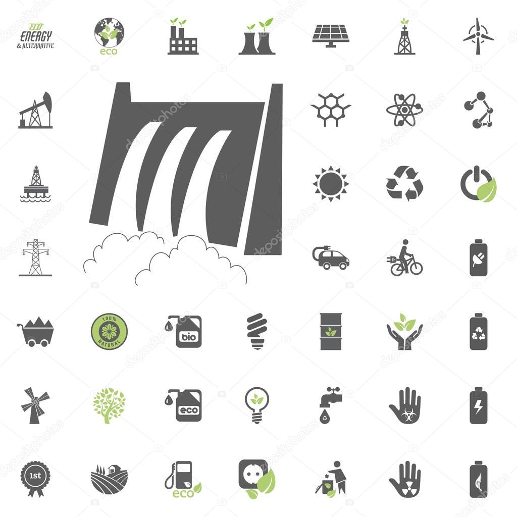Hydro Power station icon. Eco and Alternative Energy vector icon set. Energy source electricity power resource set vector.