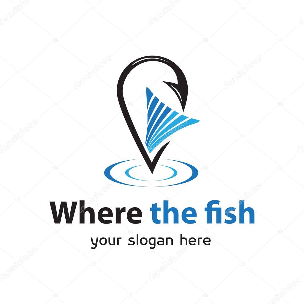 Fin within a hook shaped as map pin. logo design. isolated on white background.