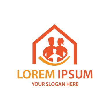 mutlu aile logo, ebeveynler çocuklarının ev, beyaz arka plan üzerinde izole anahatla ile.