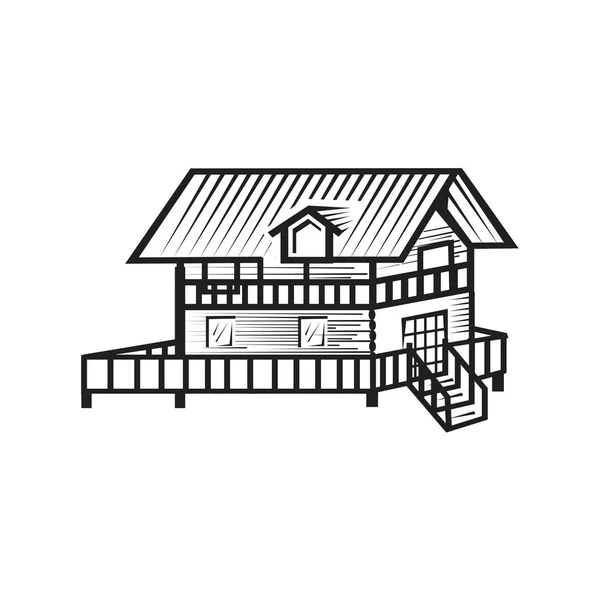 Contorni Dettagliati Cottage Illustrazione Isolato Sfondo Bianco — Vettoriale Stock