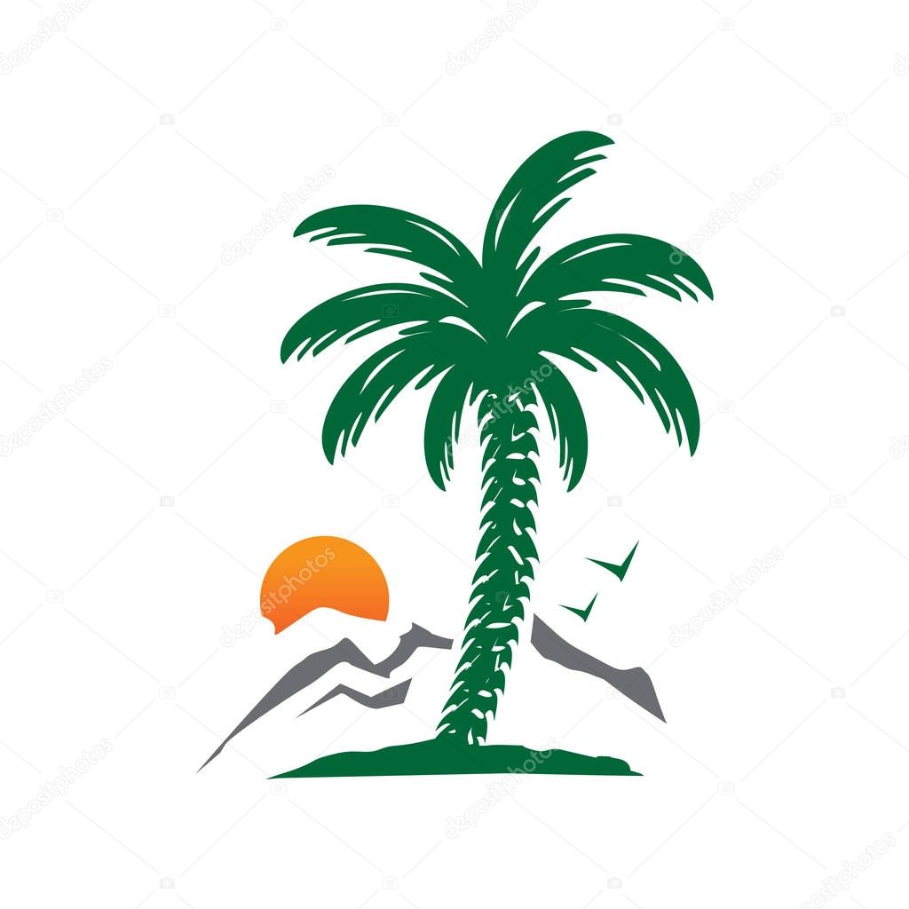palm tree with mountain and sun, illustration design, isolated on white background. 