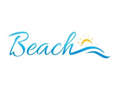 plaj word ile dalgalar ve güneş, plaj logo, çizim tasarım, beyaz arka plan üzerinde izole.