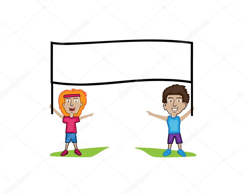 boy and girl welcoming people and holds a white board, illustration design, isolated on white background.