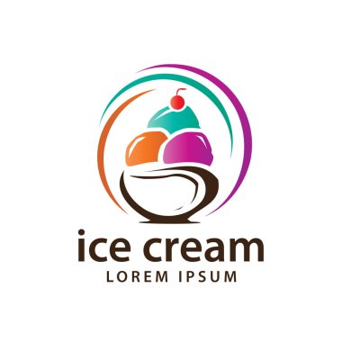 renkli dondurma logo, renkli dondurma topları kase illüstrasyon, simgesi tasarım, beyaz arka plan üzerinde izole içinde.