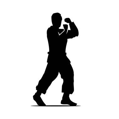 Karate oyuncu savunma ile hareket, siluet tasarım, beyaz arka plan üzerinde izole. 
