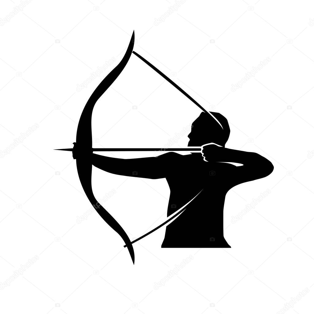 man holds bow and arrow silhouette, strong man with bow and arrow silhouette, illustration design, isolated on white background.