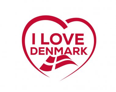 Kalp anahat ile Danimarka seviyorum ve beyaz arka plan üzerinde bayrak, simgesi tasarım, izole.