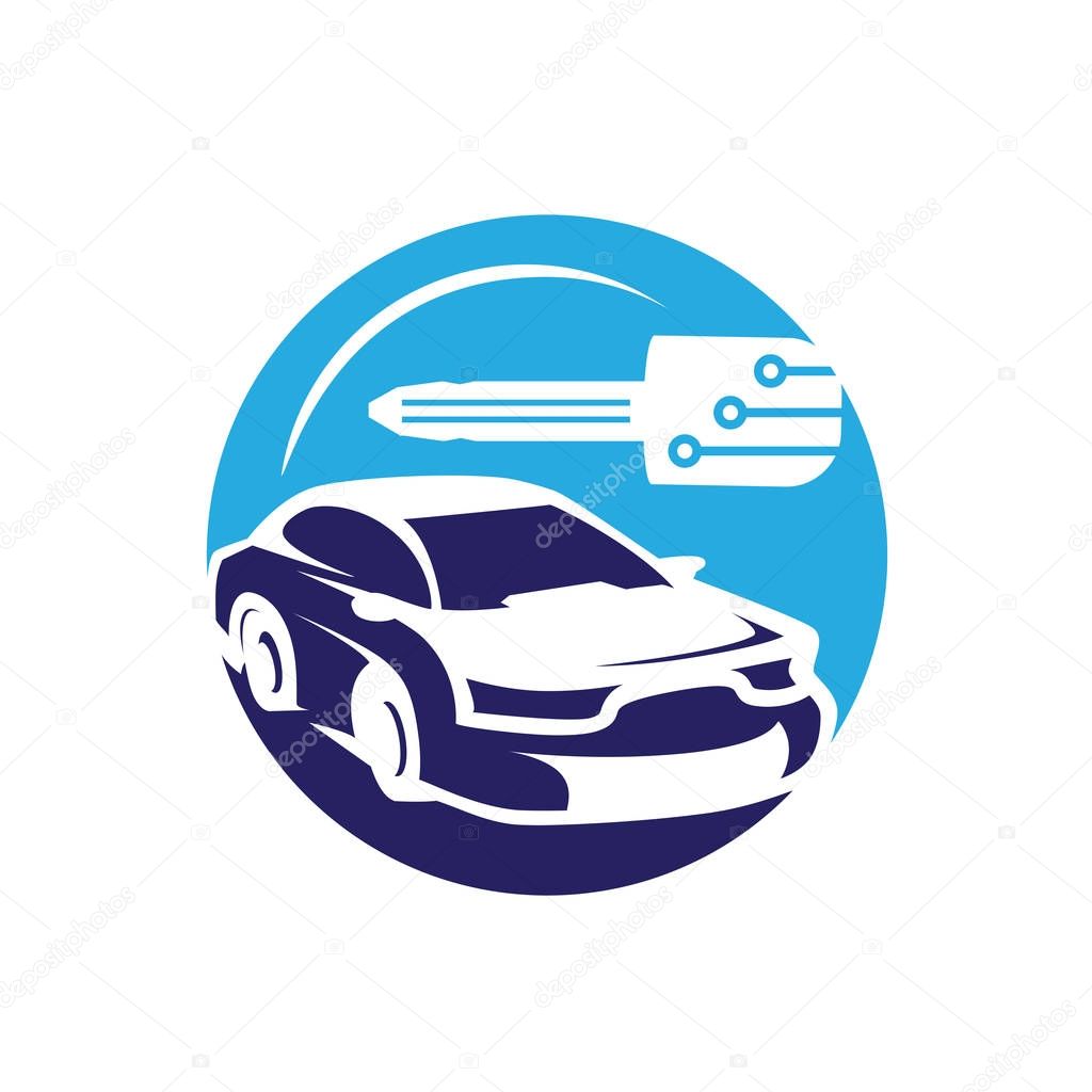 vehicle locksmith illustration, bold car with a car key, car with a key symbol, key with circuit lines, mobile locksmith symbol, symbol design, isolated on white background.