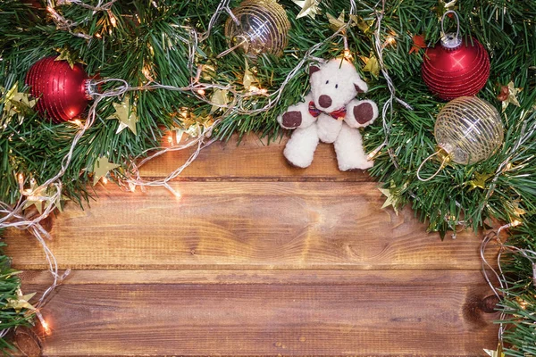 Christmas Tinsel Balloons Teddy Bear Wooden Board Space Text — Stock Photo, Image