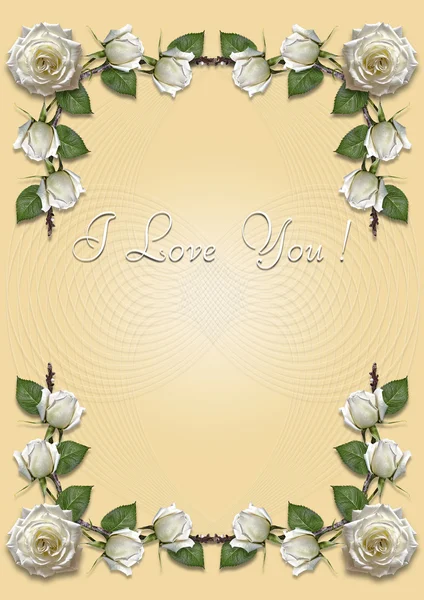 Žlutá karta pozdrav s rámem z bílých růží — Stock fotografie