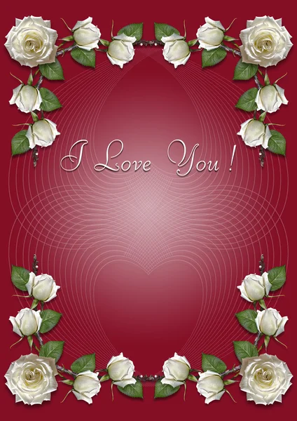 Cartão de saudação vinosa com moldura de rosas brancas — Fotografia de Stock