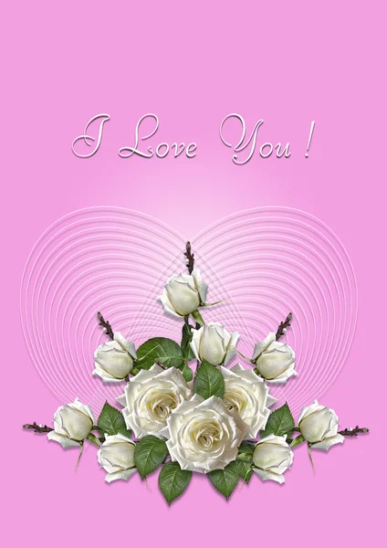 Ροζ ευχετήρια κάρτα με ένα μπουκέτο από λευκά τριαντάφυλλα — Φωτογραφία Αρχείου