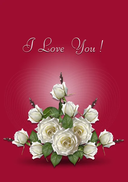 Red greeting card with a bouquet of white roses — Stock Photo, Image