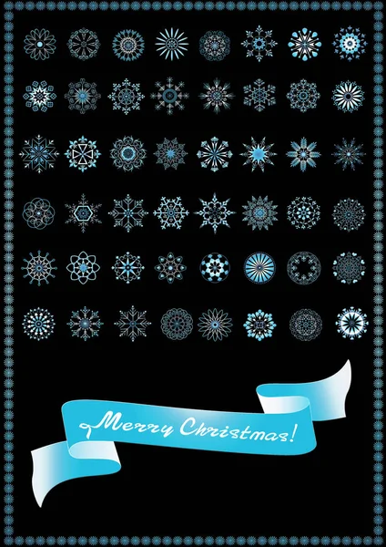 Samling av blålige snøfnugg og bånd med god jul på svart – stockfoto