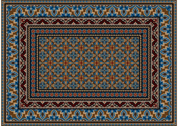 Tapis design avec ornement ethnique de motifs bleus et centre bigarré dans des tons bleus et marron — Image vectorielle