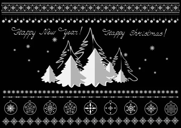 クリスマスのシンボル、雪、クリスマスの木、ボーダーと黒い背景にご挨拶 — ストックベクタ