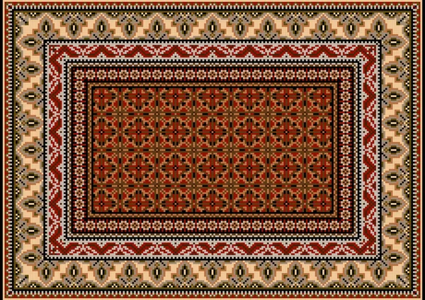 Ковер с этническим орнаментом из бежевых и серых узоров и пестрый центр в красном и коричневом тонах — стоковый вектор