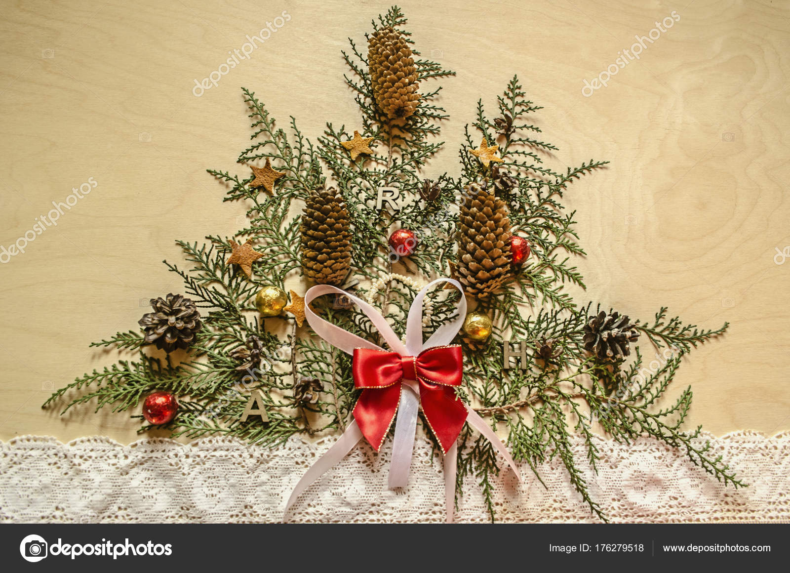 Christmas Tree Made From Twigs Of Thuya With Fir Cones And