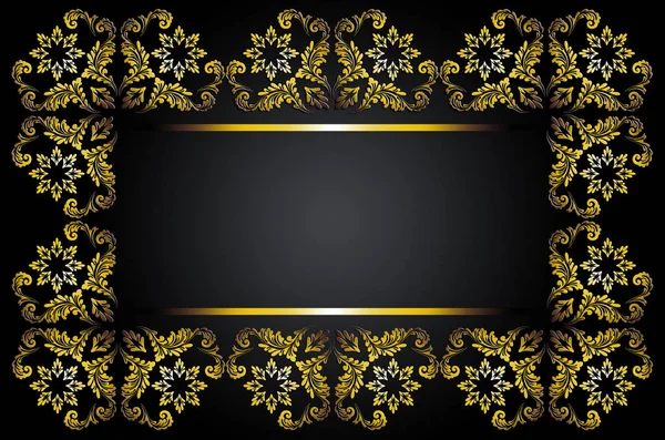 Moldura de ouro vintage com padrão oriental e fitas de ouro no centro em um fundo preto — Fotografia de Stock