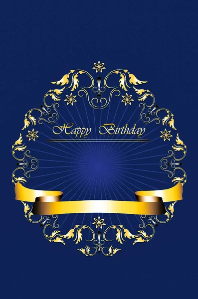 Moldura de ouro de folhas com estrelas e Feliz Aniversário em fundo azul radiante — Fotografia de Stock