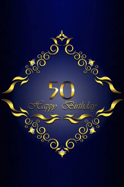 Cadru de aur de frunze cu stele și 50 Happy Birthday pe fundal albastru radiant — Fotografie, imagine de stoc